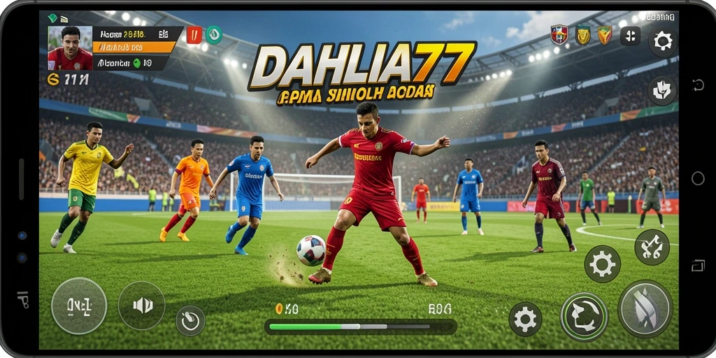 Menampilkan gameplay seru dalam permainan sepak bola.