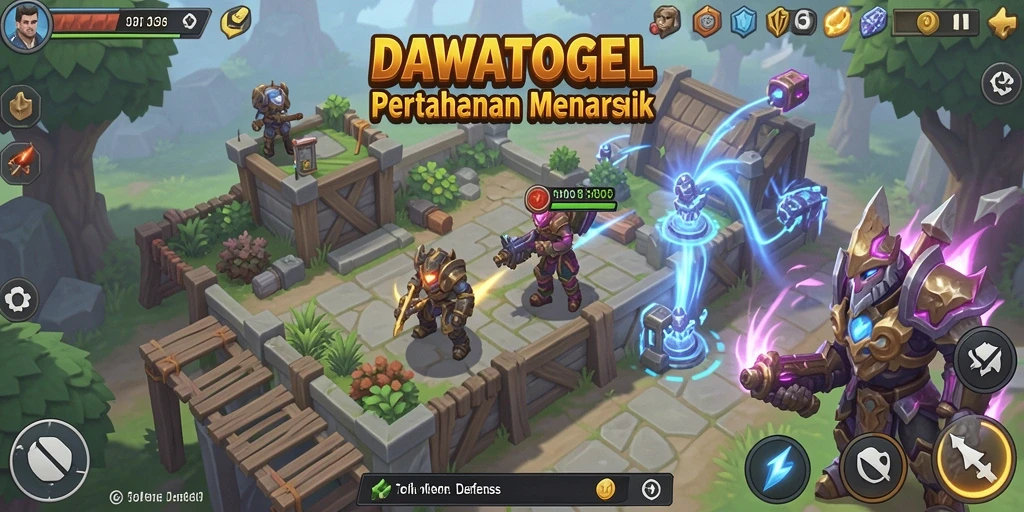 Screenshot gameplay DAWATOGEL menampilkan serangan menara dalam Tower Defense.