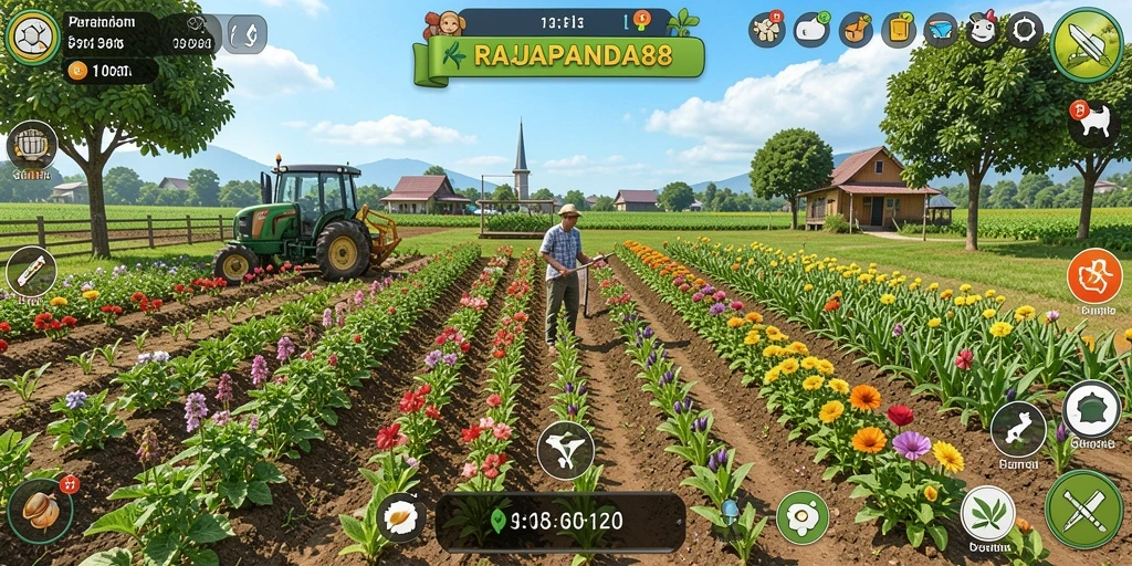 Screenshot gameplay utama RAJAPANDA88 yang menunjukkan lahan pertanian yang subur.